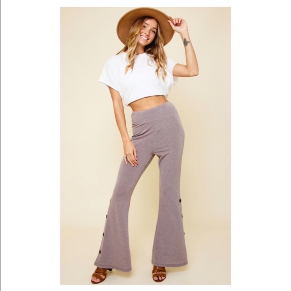New Mocha Color High Waist Casual Flare Bottom Pants,Side Buttons On Hem